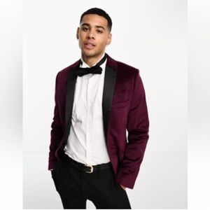 ASOS Design Men's Wine Burgundy Velvet Blazer with Black Lapel super skinny